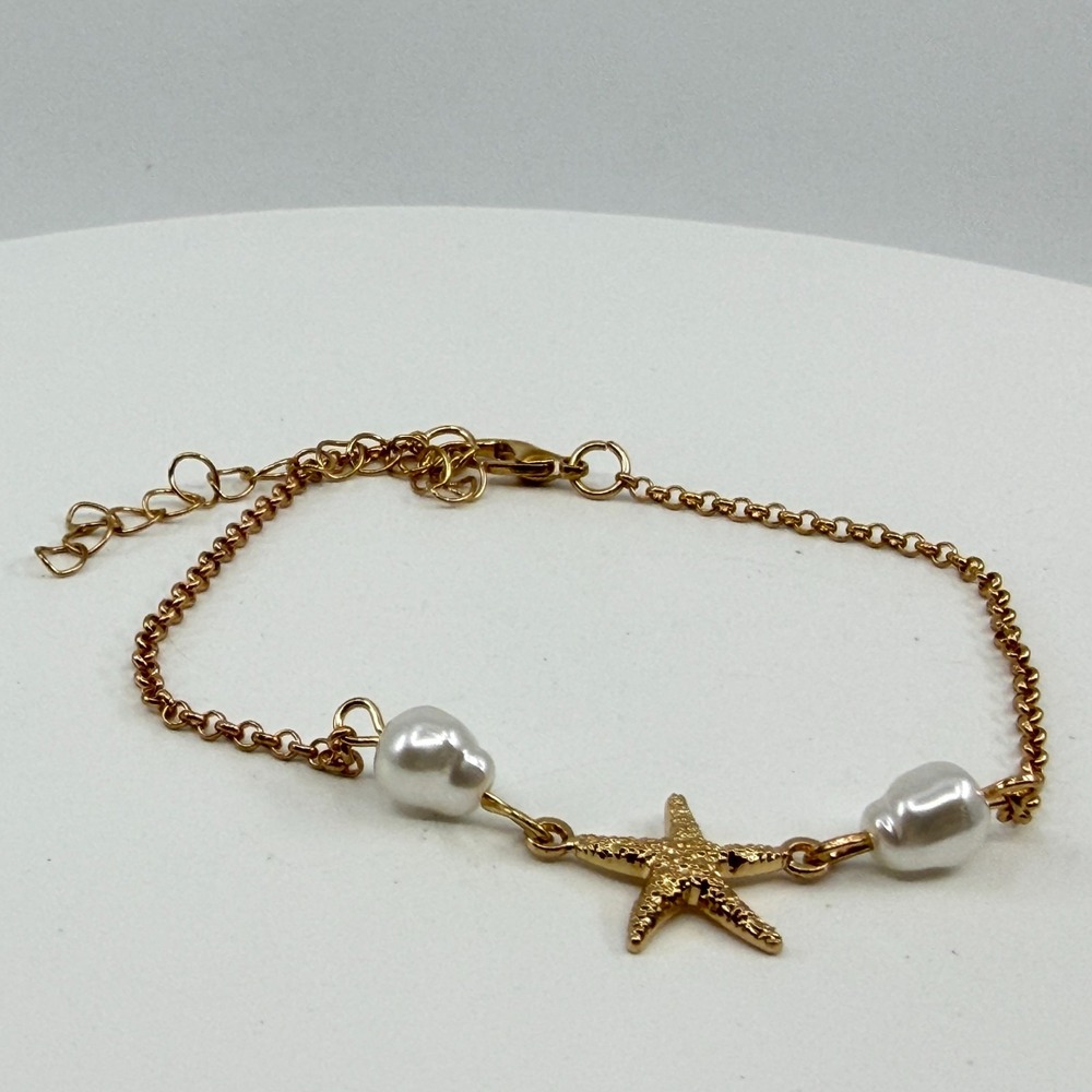 Gold Tone Starfish Bracelet Coastal Beach Jewelry White Pearl Accent Trendy Gift - Picture 3 of 14
